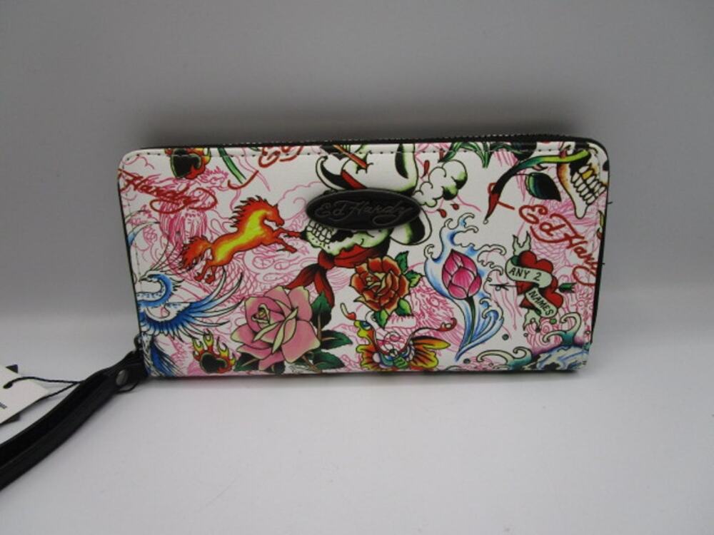 Ed Hardy White Wristlet Zip Around Wallet Mom Dad Horses All Over Print